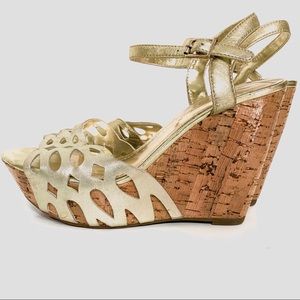 BCBGenetation GOLD STRAP PLATFORM CORK WEDGE
